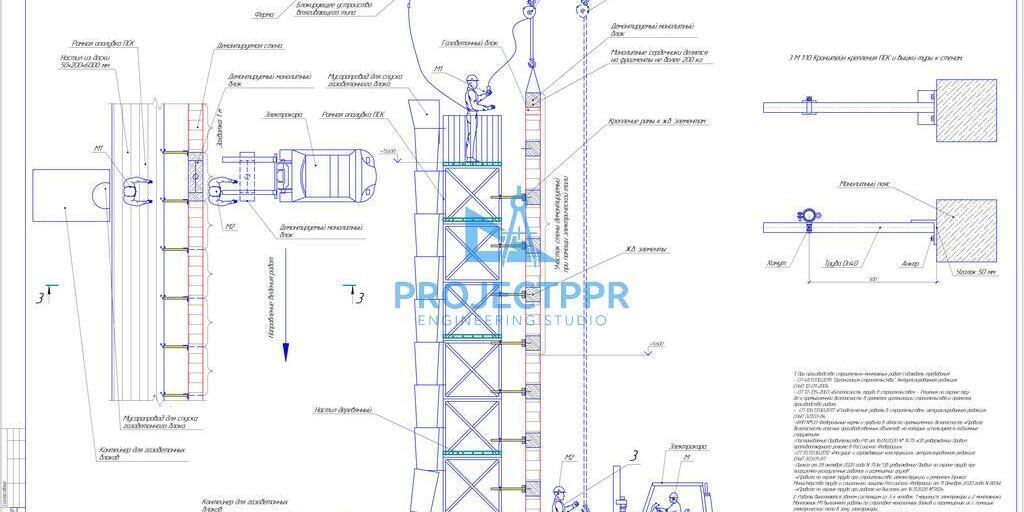 Схема демонтажа монолитных блоков стены